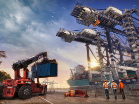 Guindastes gigantes operando containers no porto em Docked simulador portuário