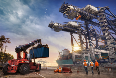 Guindastes gigantes operando containers no porto em Docked simulador portuário