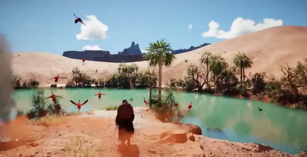 Paisagem de Crimson Desert com rio, deserto e personagem explorando o ambiente