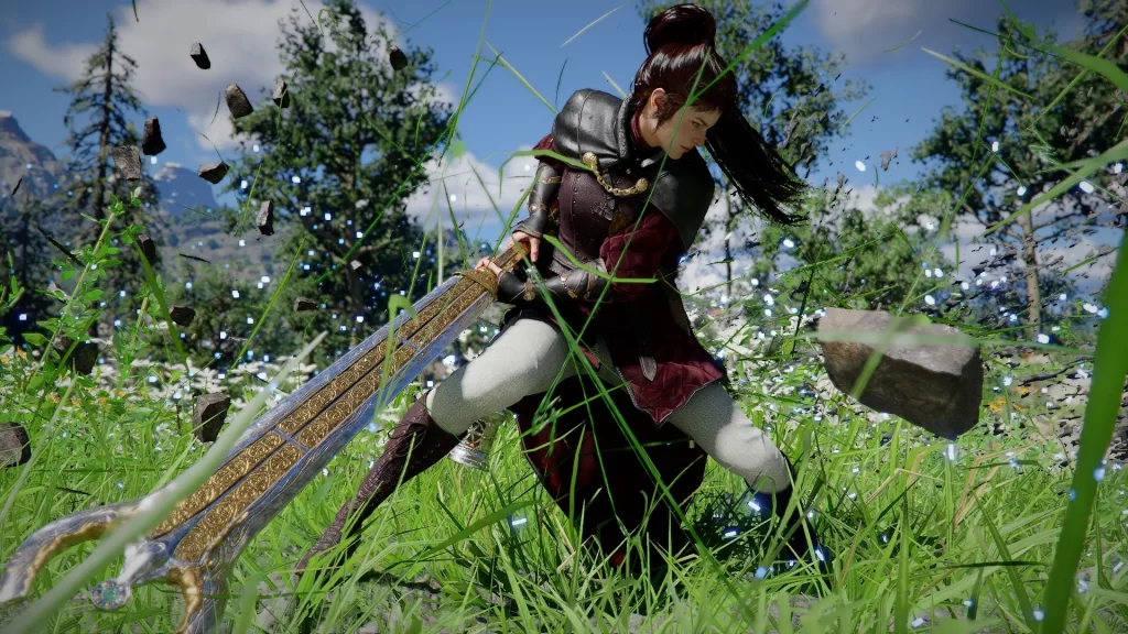 Personagem feminina em combate em Crimson Desert em ambiente natural