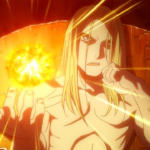 Personagem Pai (Father) de Fullmetal Alchemist: Brotherhood, com cabelo longo e claro, sentado em um trono, segurando uma esfera de energia dourada brilhante na mão, em uma cena de tom sombrio.