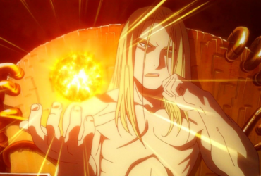 Personagem Pai (Father) de Fullmetal Alchemist: Brotherhood, com cabelo longo e claro, sentado em um trono, segurando uma esfera de energia dourada brilhante na mão, em uma cena de tom sombrio.