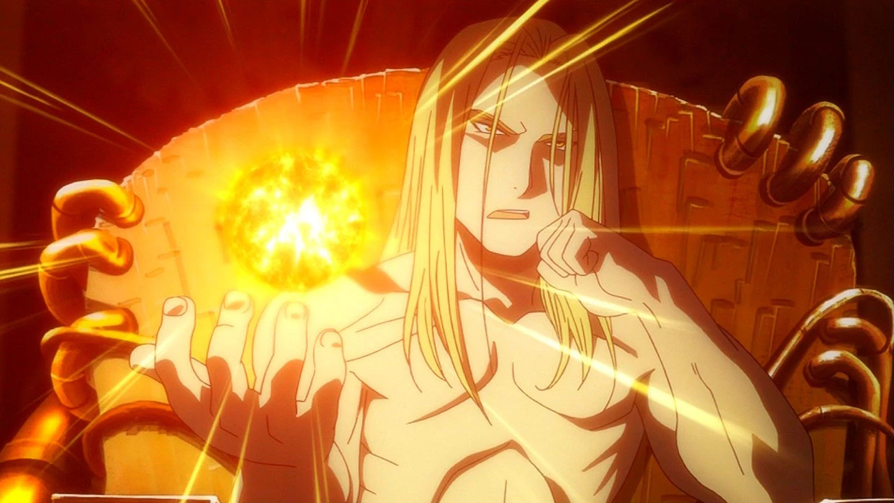 Personagem Pai (Father) de Fullmetal Alchemist: Brotherhood, com cabelo longo e claro, sentado em um trono, segurando uma esfera de energia dourada brilhante na mão, em uma cena de tom sombrio.