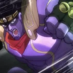 Close do Stand Star Platinum, de JoJo’s Bizarre Adventure, avançando com o punho em destaque, expressão intensa e fundo com linhas de velocidade, representando a força e a criatividade do sistema de Stands.