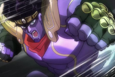 Close do Stand Star Platinum, de JoJo’s Bizarre Adventure, avançando com o punho em destaque, expressão intensa e fundo com linhas de velocidade, representando a força e a criatividade do sistema de Stands.