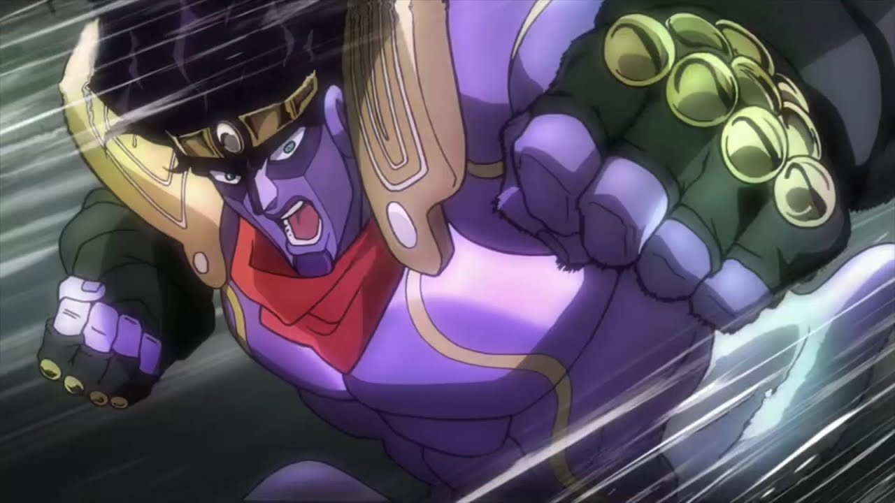 Close do Stand Star Platinum, de JoJo’s Bizarre Adventure, avançando com o punho em destaque, expressão intensa e fundo com linhas de velocidade, representando a força e a criatividade do sistema de Stands.