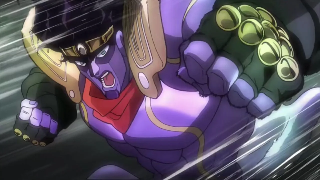 Close do Stand Star Platinum, de JoJo’s Bizarre Adventure, avançando com o punho em destaque, expressão intensa e fundo com linhas de velocidade, representando a força e a criatividade do sistema de Stands.