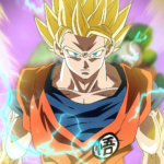 Goku em Dragon Ball na forma Super Saiyajin 2, com cabelo loiro espetado e raios de energia ao redor, em pose séria, com uma aura amarela intensa e fundo roxo esverdeado.
