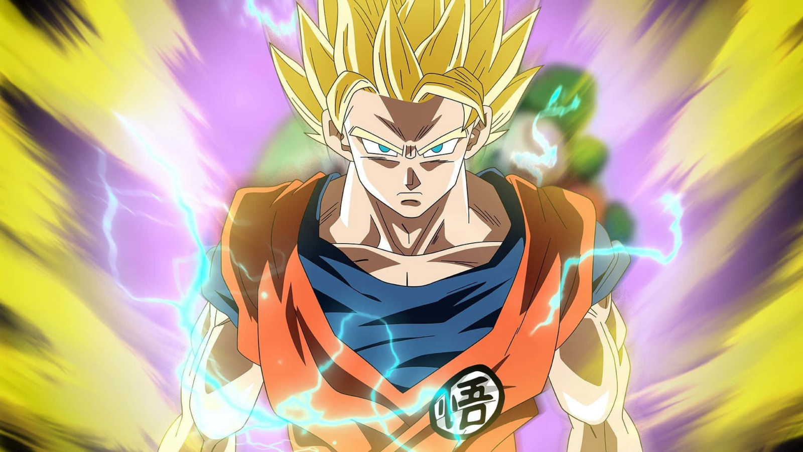 Goku em Dragon Ball na forma Super Saiyajin 2, com cabelo loiro espetado e raios de energia ao redor, em pose séria, com uma aura amarela intensa e fundo roxo esverdeado.