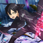 Kirito, protagonista de Sword Art Online, em cena de combate com expressão determinada, empunhando uma espada em um cenário de ação com efeitos luminosos, representando a ideia de plot armor nos animes.