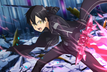 Kirito, protagonista de Sword Art Online, em cena de combate com expressão determinada, empunhando uma espada em um cenário de ação com efeitos luminosos, representando a ideia de plot armor nos animes.