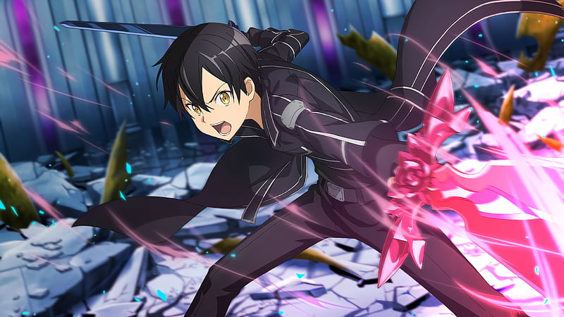 Kirito, protagonista de Sword Art Online, em cena de combate com expressão determinada, empunhando uma espada em um cenário de ação com efeitos luminosos, representando a ideia de plot armor nos animes.