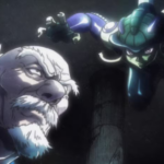 Close de Isaac Netero (idoso, barba branca, expressão tensa), iluminado por luz dramática durante o confronto contra Meruem em Hunter x Hunter.