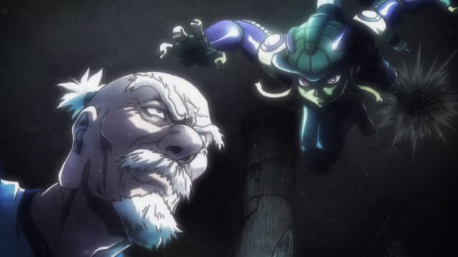 Close de Isaac Netero (idoso, barba branca, expressão tensa), iluminado por luz dramática durante o confronto contra Meruem em Hunter x Hunter.