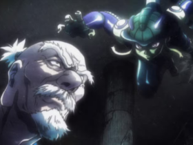 Close de Isaac Netero (idoso, barba branca, expressão tensa), iluminado por luz dramática durante o confronto contra Meruem em Hunter x Hunter.