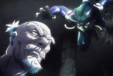 Close de Isaac Netero (idoso, barba branca, expressão tensa), iluminado por luz dramática durante o confronto contra Meruem em Hunter x Hunter.