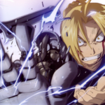 Edward Elric, de Fullmetal Alchemist, faz alquimia com expressão de determinação e raiva enquanto encara um oponente; seu braço mecânico (automail) está quebrando durante o confronto.
