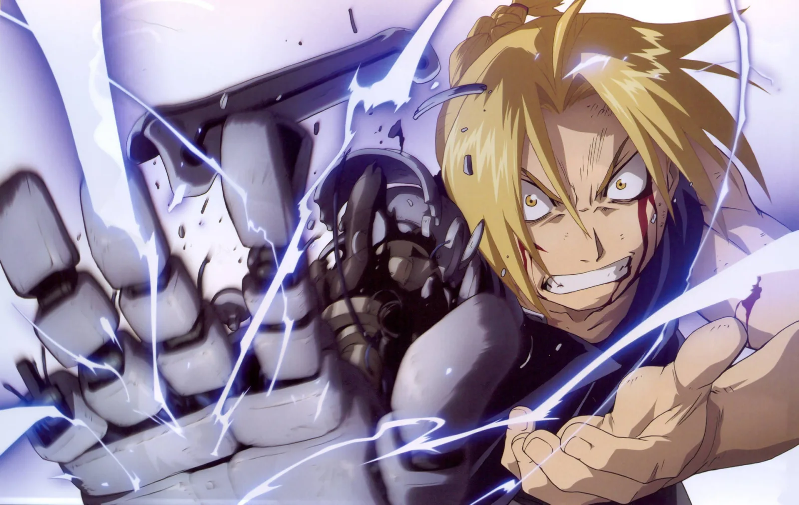 Edward Elric, de Fullmetal Alchemist, faz alquimia com expressão de determinação e raiva enquanto encara um oponente; seu braço mecânico (automail) está quebrando durante o confronto.