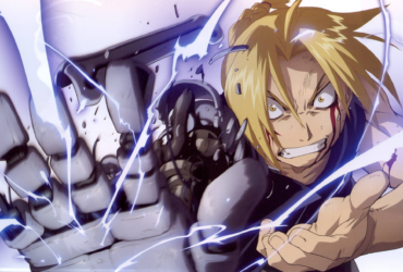 Edward Elric, de Fullmetal Alchemist, faz alquimia com expressão de determinação e raiva enquanto encara um oponente; seu braço mecânico (automail) está quebrando durante o confronto.