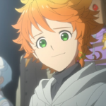 Close em Emma, com cabelo laranja e olho verde, e Norman ao fundo em uma cena de The Promised Neverland, representando o debate sobre finais controversos de anime.