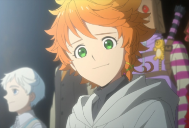 Close em Emma, com cabelo laranja e olho verde, e Norman ao fundo em uma cena de The Promised Neverland, representando o debate sobre finais controversos de anime.