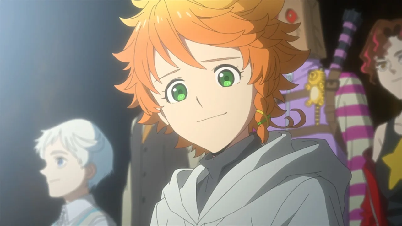 Close em Emma, com cabelo laranja e olho verde, e Norman ao fundo em uma cena de The Promised Neverland, representando o debate sobre finais controversos de anime.