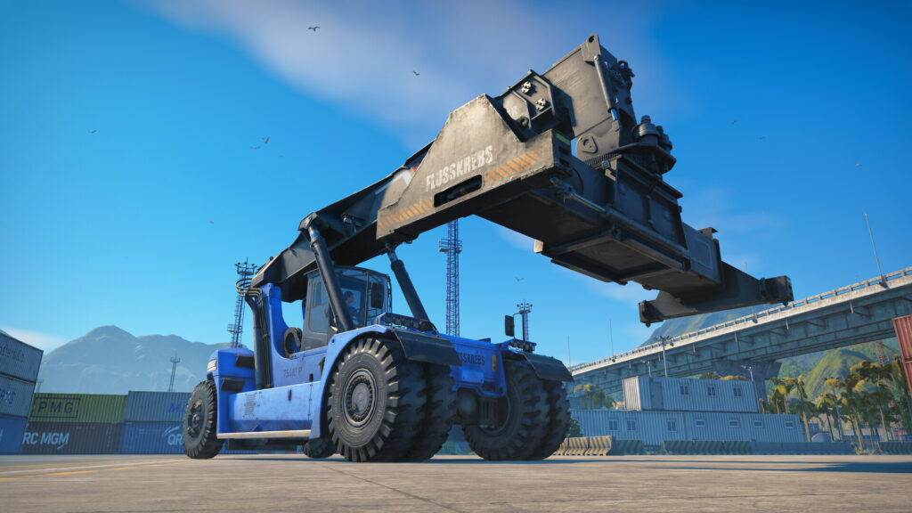 Máquina carregadeira movimentando containers no porto em Docked no PS5