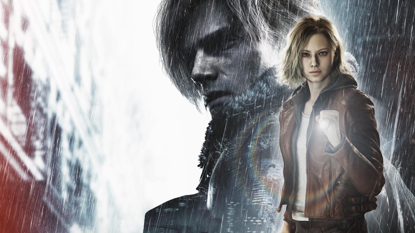 Leon S Kennedy e Grace em destaque em Resident Evil Requiem com fundo frio e atmosfera tensa