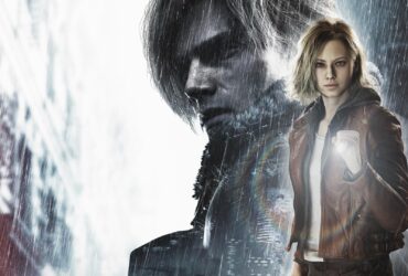 Leon S Kennedy e Grace em destaque em Resident Evil Requiem com fundo frio e atmosfera tensa