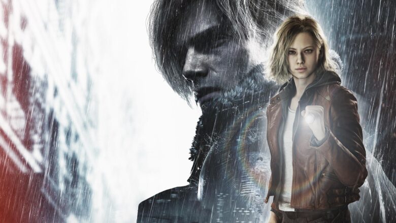 Leon S Kennedy e Grace em destaque em Resident Evil Requiem com fundo frio e atmosfera tensa