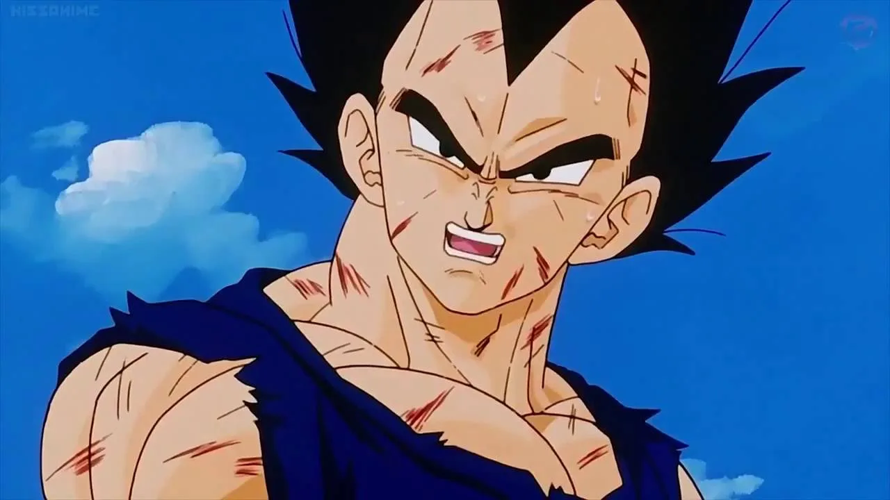 Vegeta em primeiro plano, com o uniforme rasgado e arranhões pelo corpo, expressão tensa e determinada, olhando de lado sob um céu azul com nuvens, sugerindo exaustão e inquietação mesmo depois da luta.
