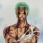 Roronoa Zoro, com cabelo verde e marcas de ferimentos no corpo, aparece sério e de braços cruzados contra um fundo claro, transmitindo resistência e contenção emocional em One Piece.