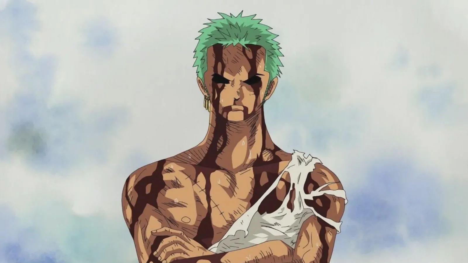 Roronoa Zoro, com cabelo verde e marcas de ferimentos no corpo, aparece sério e de braços cruzados contra um fundo claro, transmitindo resistência e contenção emocional em One Piece.