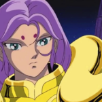 Mu de Áries, Cavaleiro de Ouro de Saint Seiya, em close com cabelo roxo e armadura dourada, olhando de lado com expressão séria e calma.