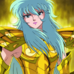 Afrodite de Peixes, de Saint Seiya, com cabelo longo azul-claro e armadura dourada, olhando com expressão serena enquanto um brilho dourado intenso envolve o fundo.