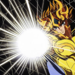 Aiolia de Leão, com armadura dourada de Cavaleiro de Ouro, aparece em close enquanto dispara um golpe de energia muito brilhante, com várias linhas luminosas ao redor, em um fundo escuro.