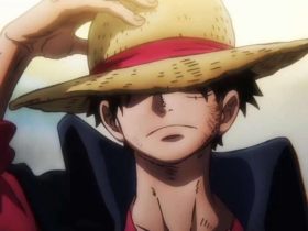 Close em um personagem de anime usando um chapéu de palha com faixa vermelha, ajustando a aba com a mão. A luz dourada ao fundo cria um clima de determinação e silêncio antes da ação.