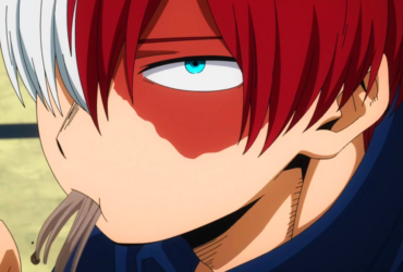 Shoto Todoroki, personagem de My Hero Academia, com expressão séria enquanto come soba servido frio, sugerindo um momento íntimo e silencioso em contraste com as cenas de ação.