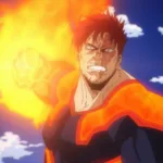 Endeavor, herói com chamas intensas, aparece com o punho em destaque envolto por fogo, como se estivesse prestes a desferir um ataque, em uma cena de My Hero Academia.