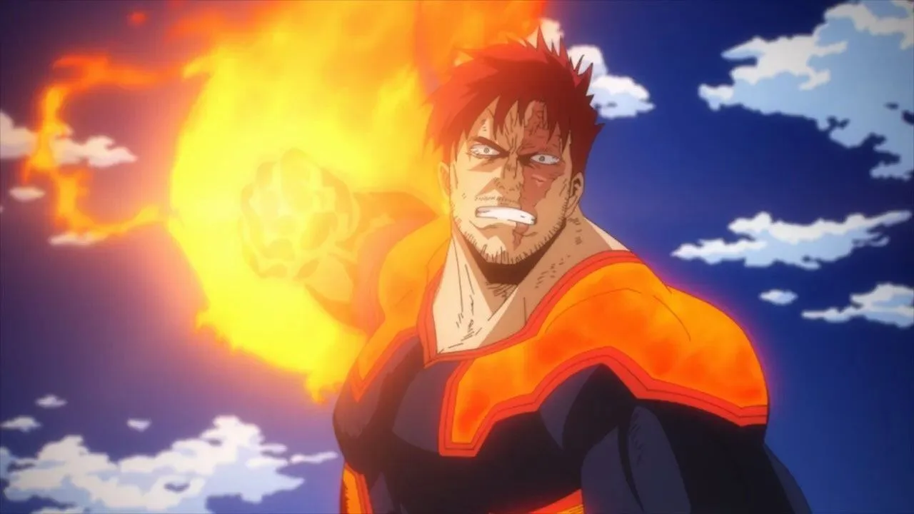 Endeavor, herói com chamas intensas, aparece com o punho em destaque envolto por fogo, como se estivesse prestes a desferir um ataque, em uma cena de My Hero Academia.
