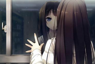 Personagem de anime em close, olhando para o próprio reflexo em uma superfície escura, com expressão séria e introspectiva, simbolizando memória, ansiedade e autoconhecimento.