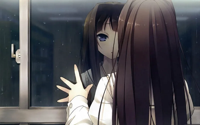 Personagem de anime em close, olhando para o próprio reflexo em uma superfície escura, com expressão séria e introspectiva, simbolizando memória, ansiedade e autoconhecimento.