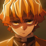 Zenitsu Agatsuma, de Demon Slayer, com expressão séria e olhos intensos, iluminado por tons quentes, sugerindo o momento em que ele entra no estado de luta e usa a Respiração do Trovão.