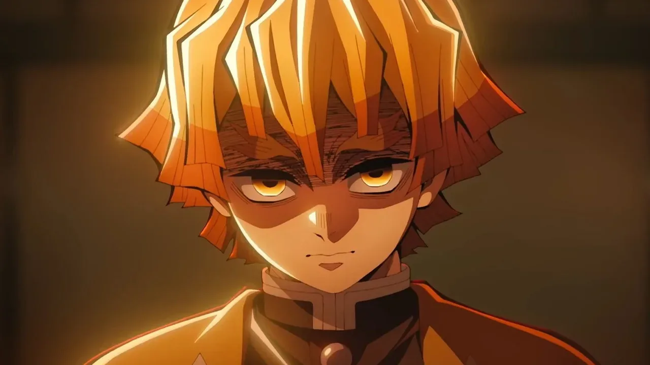 Zenitsu Agatsuma, de Demon Slayer, com expressão séria e olhos intensos, iluminado por tons quentes, sugerindo o momento em que ele entra no estado de luta e usa a Respiração do Trovão.