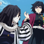Giyu Tomioka, Hashira da Água em Demon Slayer, em expressão séria e postura contida, com sua espada nichirin, transmitindo isolamento e introspecção.