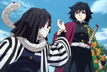 Giyu Tomioka, Hashira da Água em Demon Slayer, em expressão séria e postura contida, com sua espada nichirin, transmitindo isolamento e introspecção.