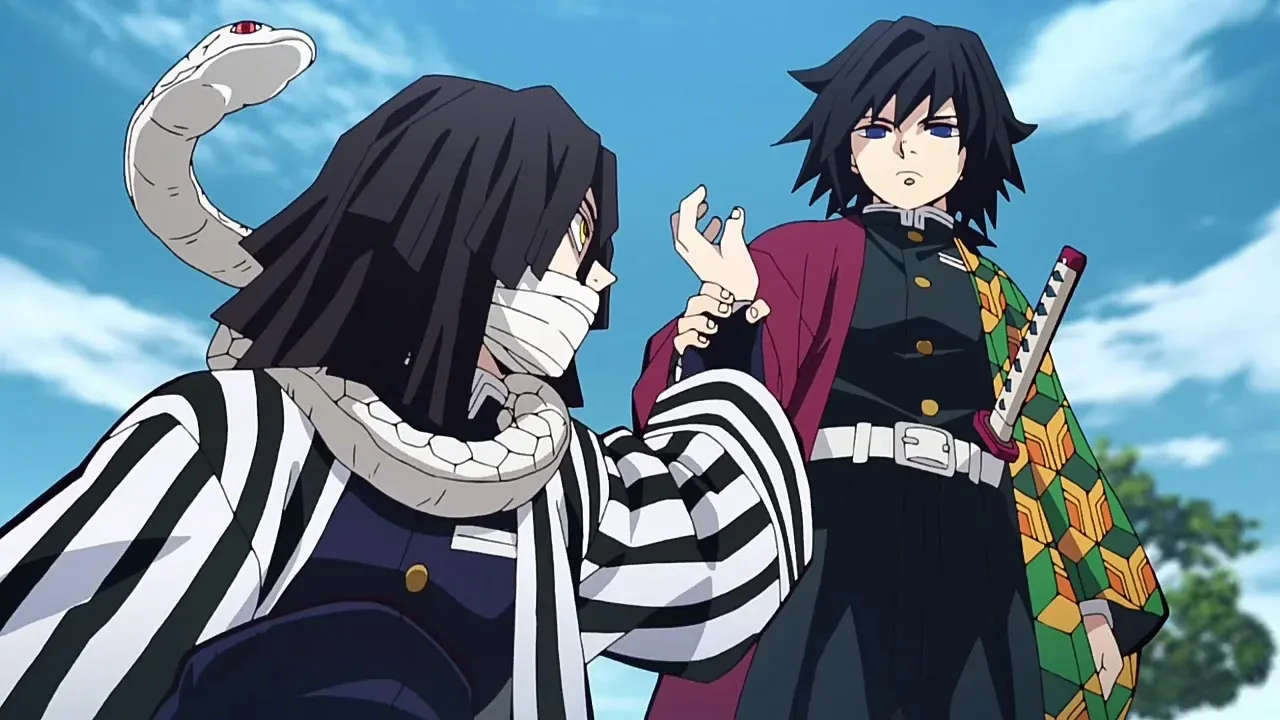 Giyu Tomioka, Hashira da Água em Demon Slayer, em expressão séria e postura contida, com sua espada nichirin, transmitindo isolamento e introspecção.