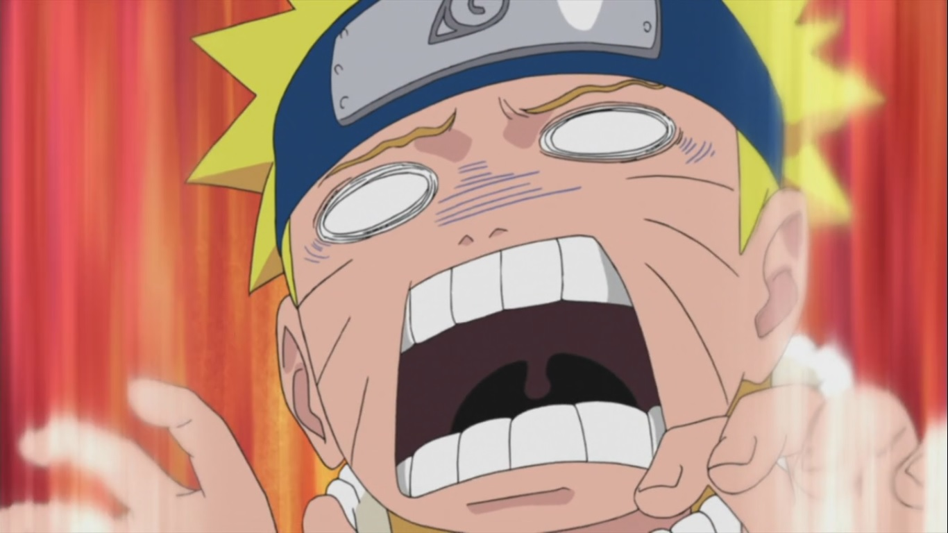 Naruto Uzumaki em close, com a boca muito aberta em um grito exagerado, olhos brancos em expressão cômica de desespero e fundo vermelho em movimento, usando a bandana da Vila da Folha.