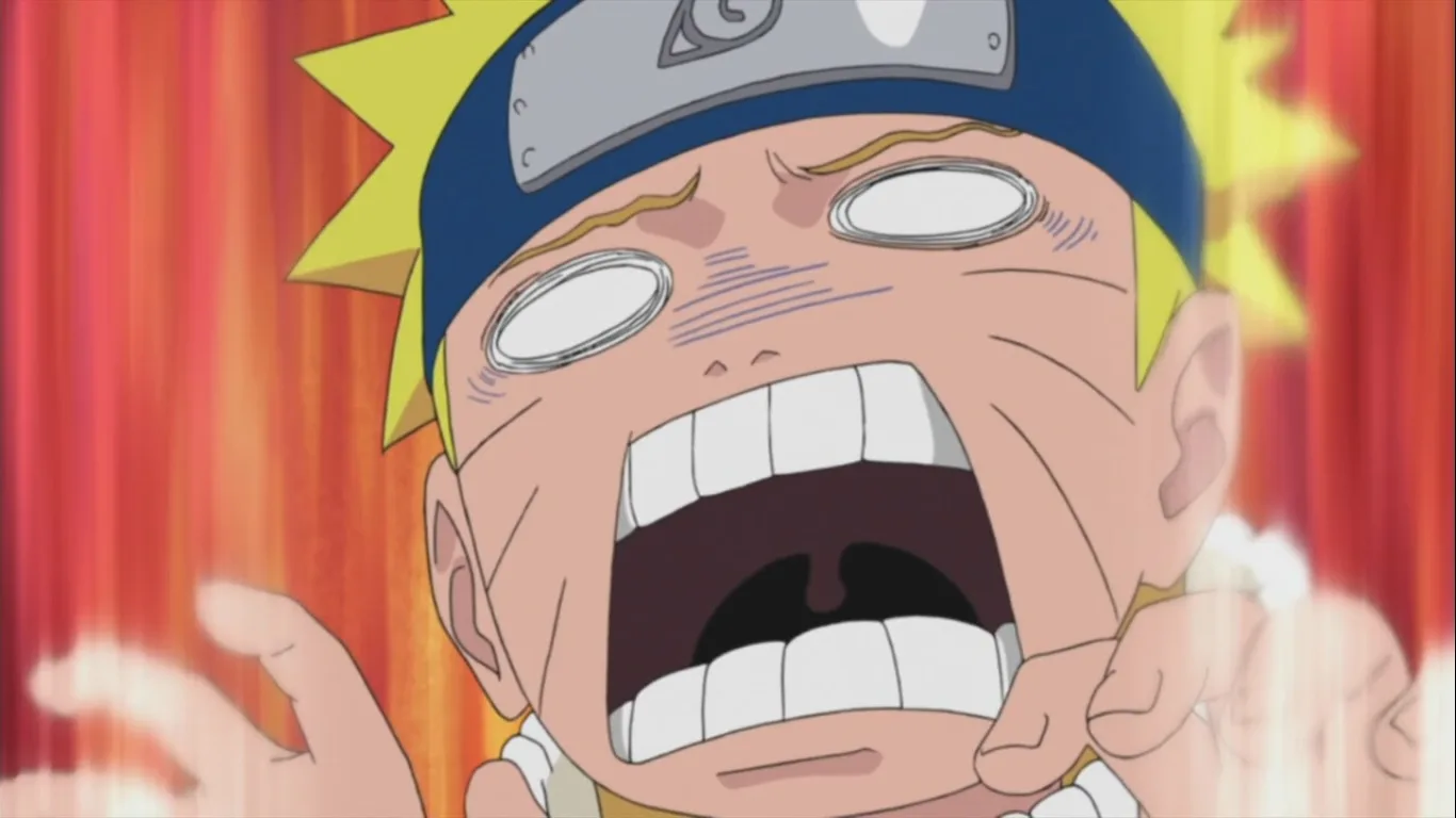 Naruto Uzumaki em close, com a boca muito aberta em um grito exagerado, olhos brancos em expressão cômica de desespero e fundo vermelho em movimento, usando a bandana da Vila da Folha.