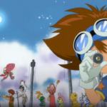 Tai (Taichi) Kamiya em primeiro plano, usando óculos de proteção na cabeça e segurando um pequeno dispositivo perto do olho, como se estivesse observando. Ao fundo aparecem os outros escolhidos e vários Digimon (incluindo Agumon), em um cenário externo à noite com lua no céu.